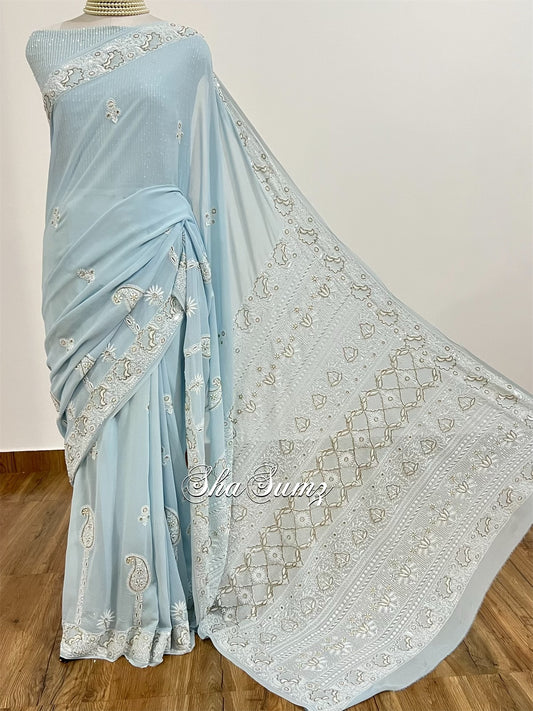 Powder Blue Saree with Chikankari & Embellishments