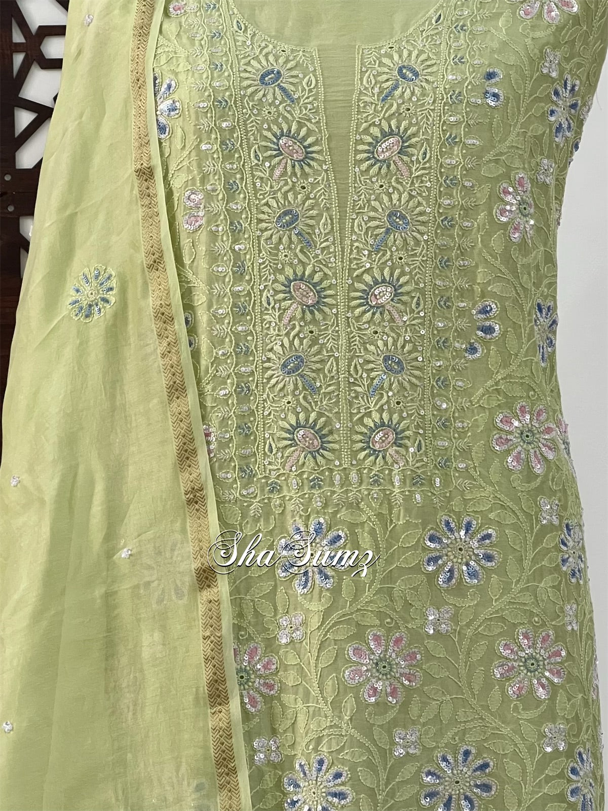 Sage Green Chanderi Suit with Chikankari & Embellishments