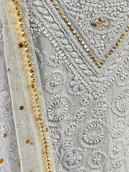 Silver Grey Chikankari & Mukaish Chanderi Suit