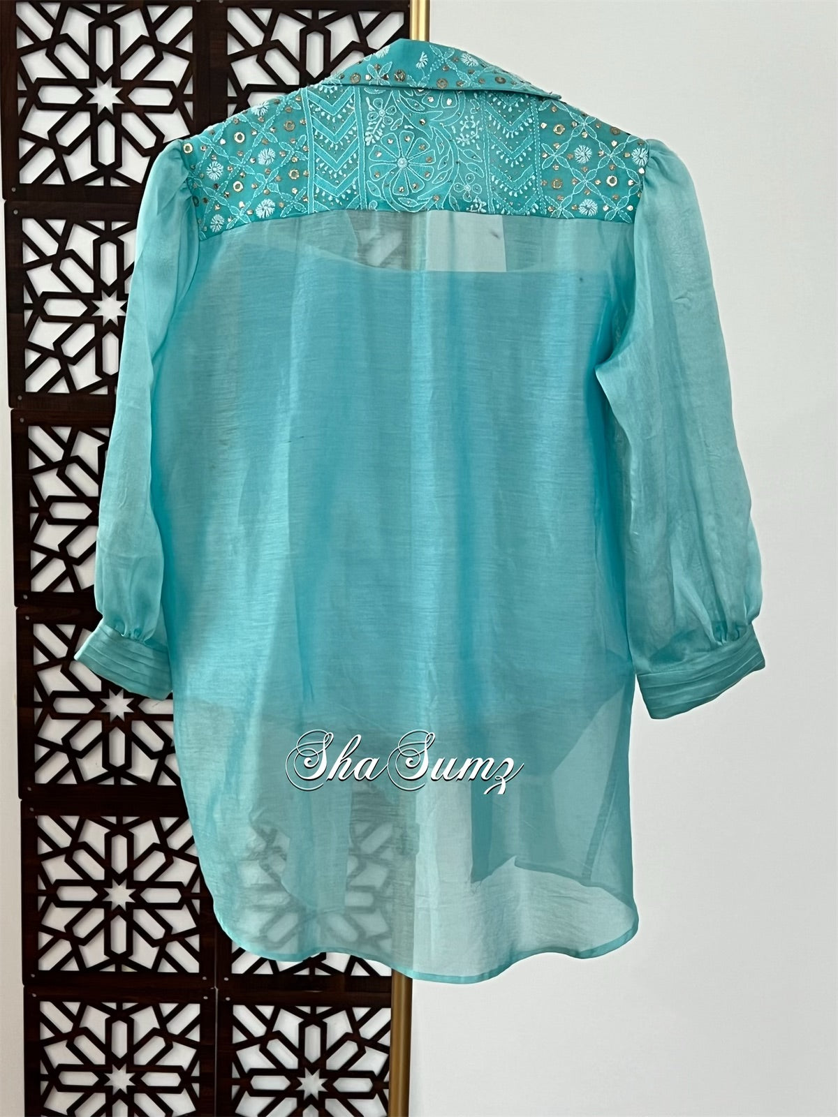 Aqua Blue Chanderi Shirt with Chikankari & Mukaish