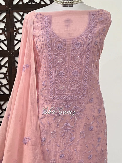 Peachy Pink Mul Chanderi Suit with Chikankari & Embellishments