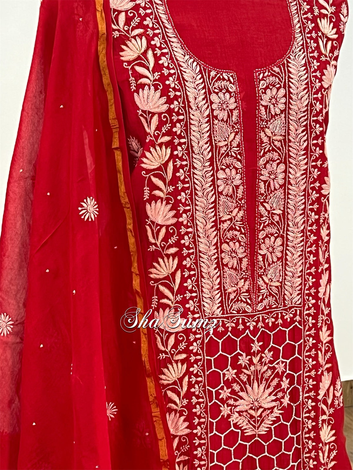 Ruby Red Chikankari & embellishments Mul Chanderi Suit