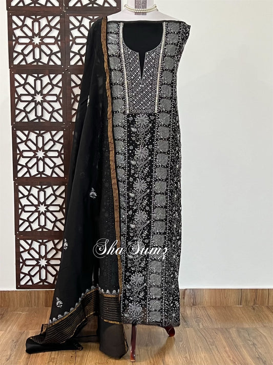 Black Mul Chanderi Suit with Grey Chikankari & Embellishments