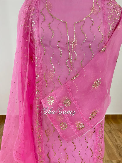 Pink Organza Mukaish Badla Suit