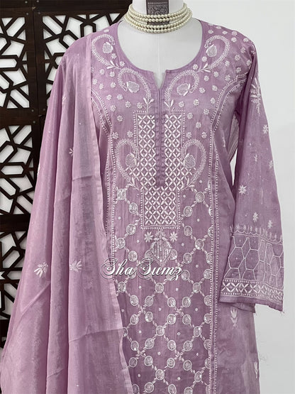 Glossy Lavender Tissue Chanderi Suit with Chikankari & Embellishments