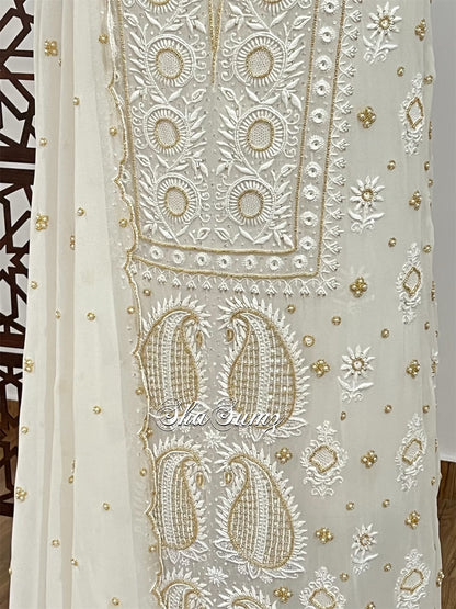 Pearl White Pure Georgette Suit with Chikankari & Embellishments