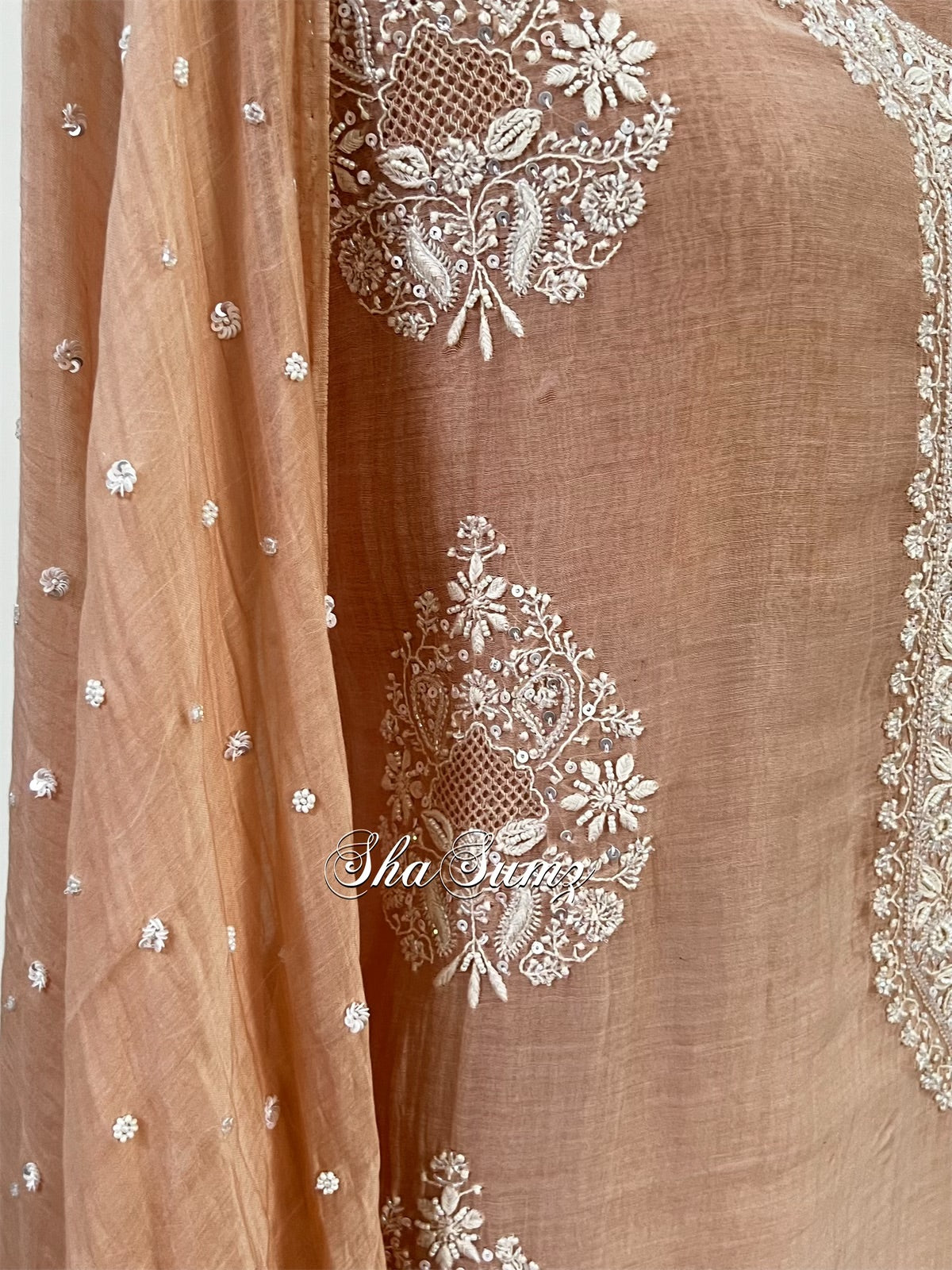 Hazelnut Mul Chanderi Suit with Chikankari & Embellishments