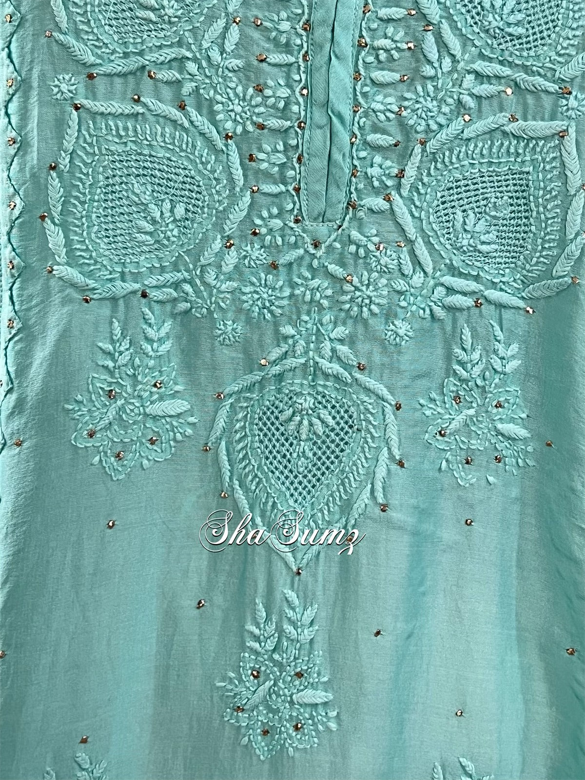 Aqua Green Chanderi Chikankari and Kamdani Kurti