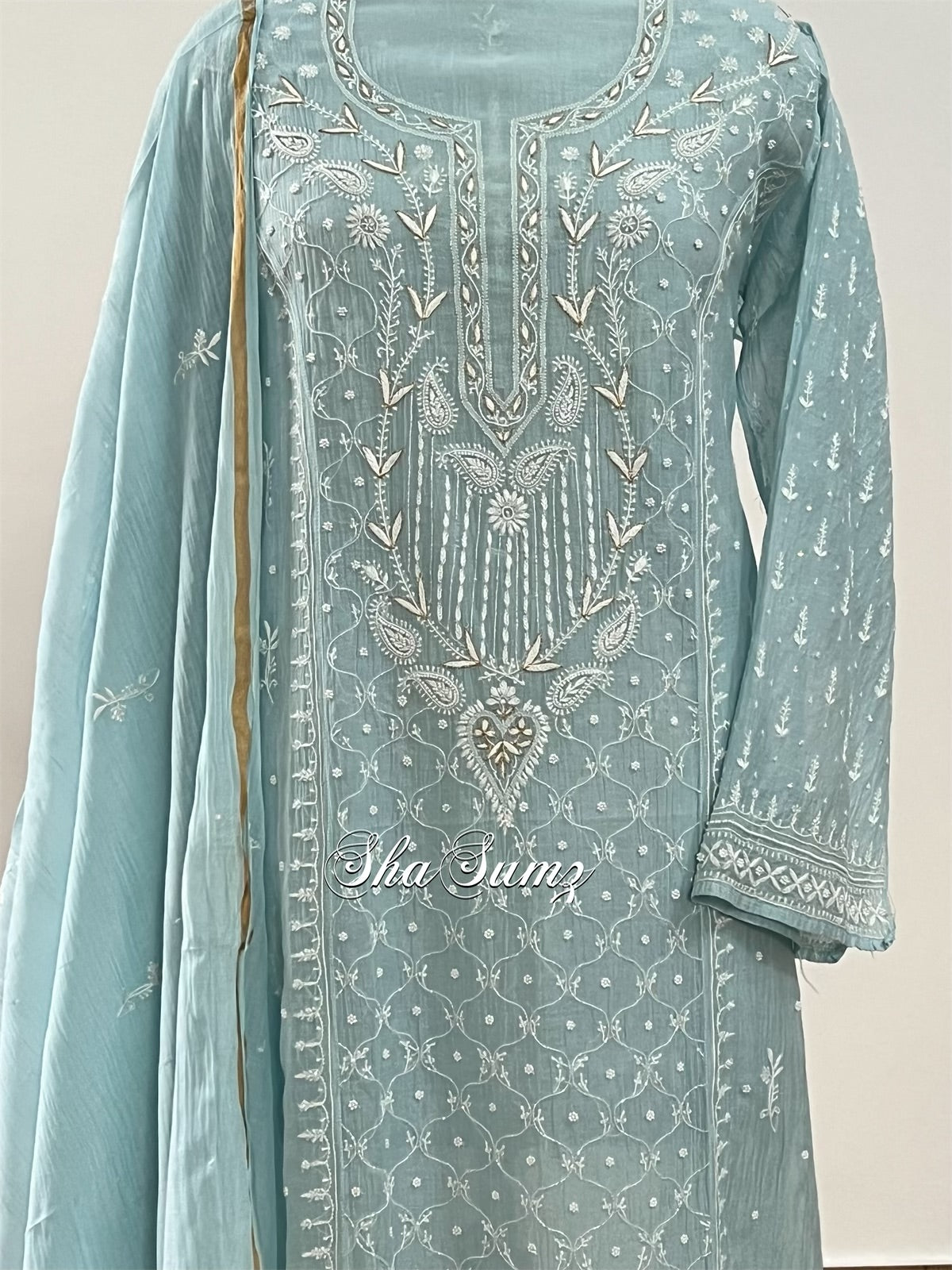 Powder Blue Chikankari Embellishments & Appliqué Mul Chanderi Suit