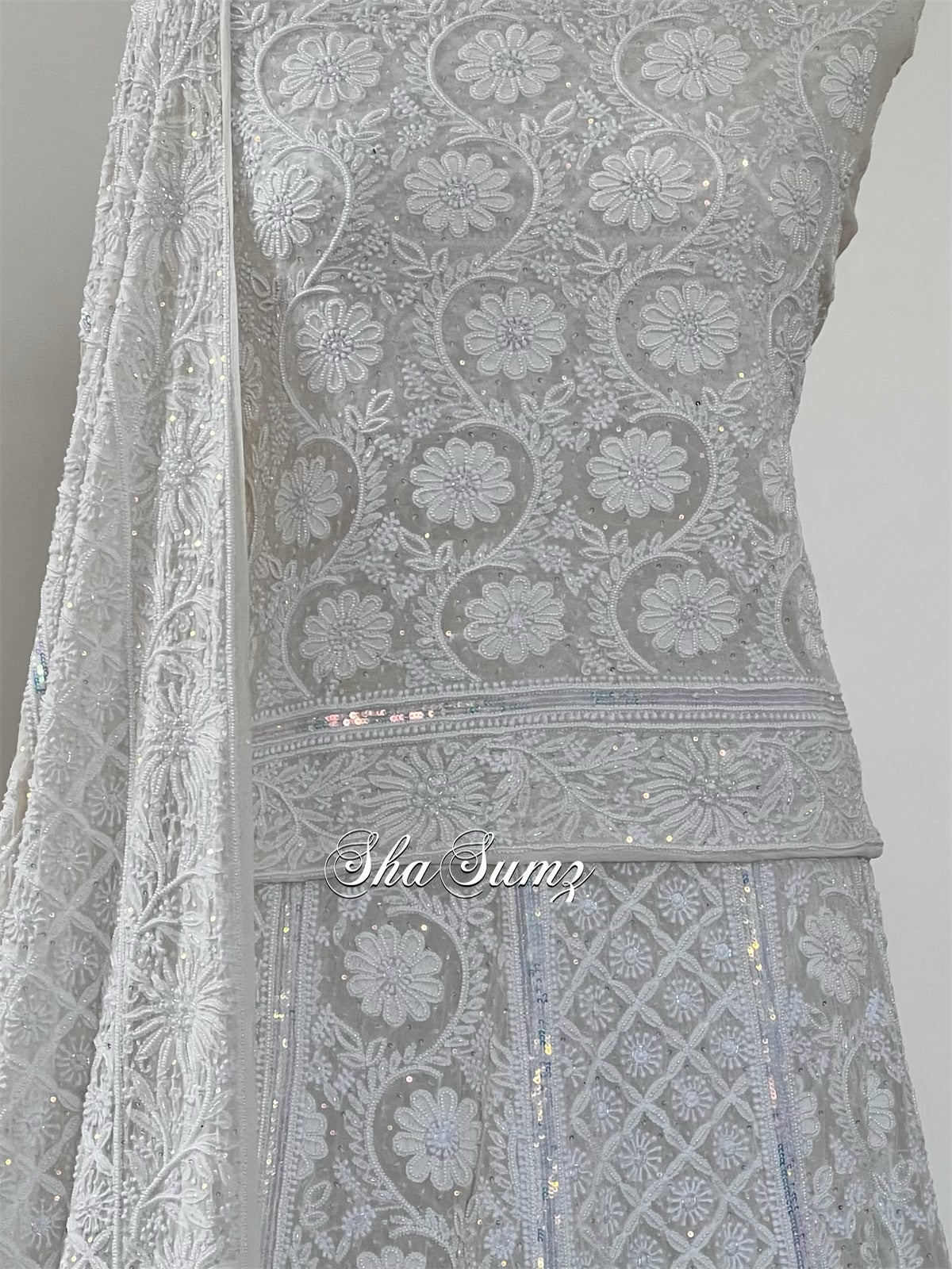 Sea Shell White Lehenga Set with 2 Taar Chikankari and Embellishments