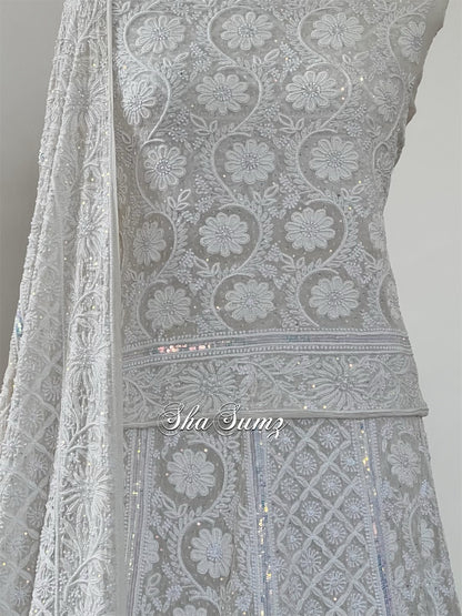 Sea Shell White Lehenga Set with 2 Taar Chikankari and Embellishments