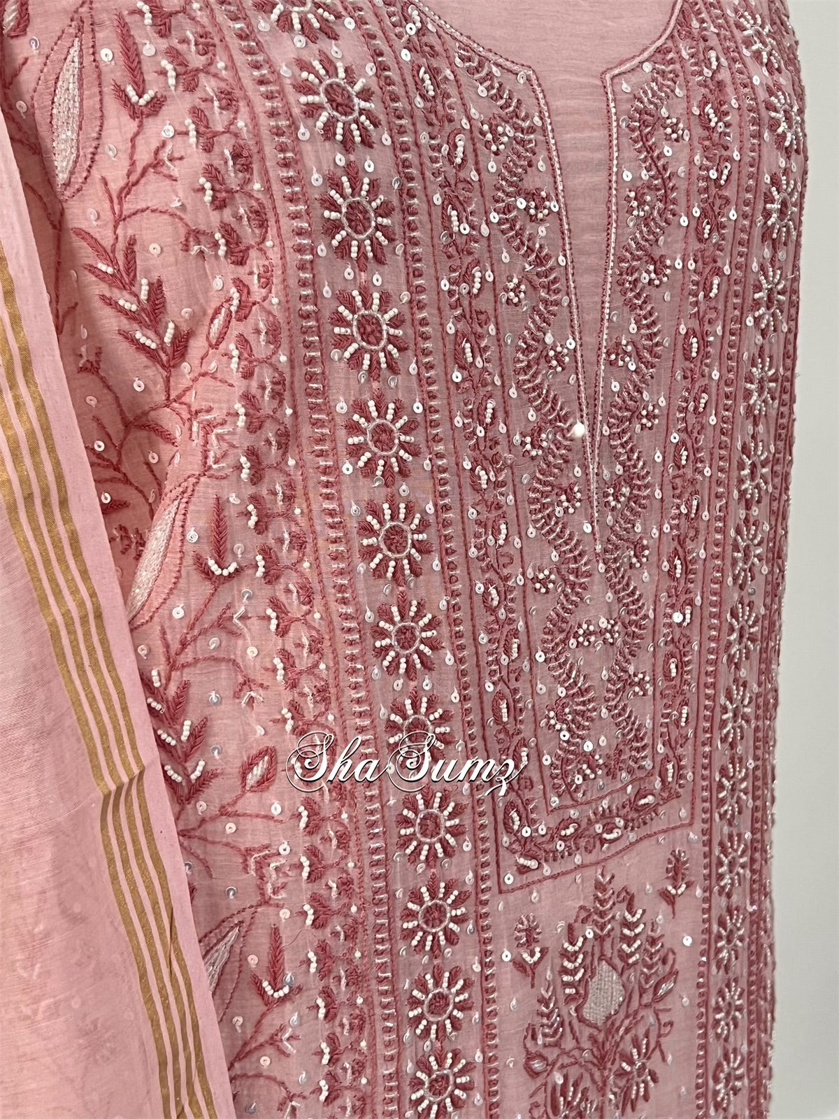 Dusty Rose Pink Mul Chanderi Suit with Chikankari & EmBellishments