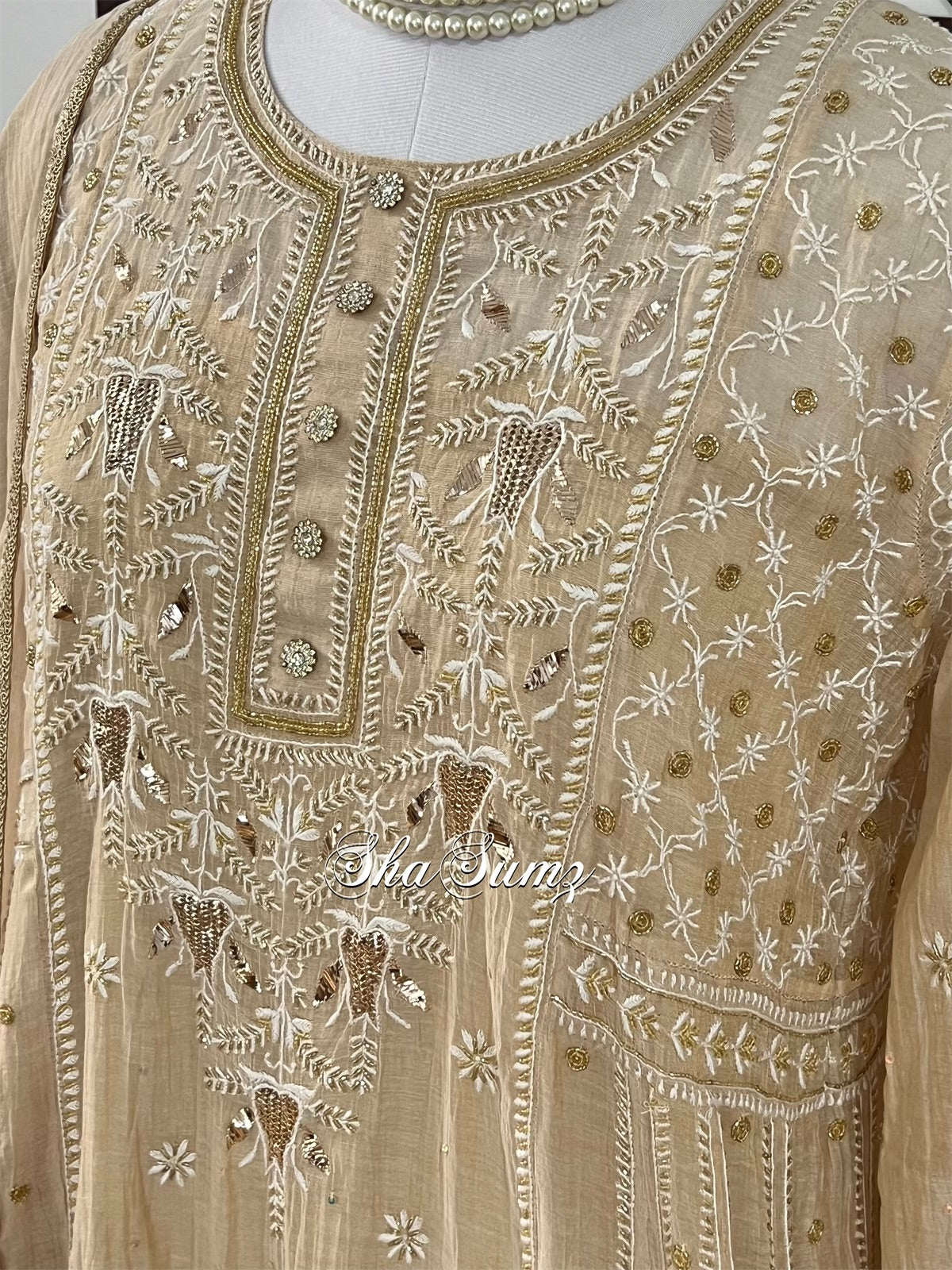 Pure Tissue Chanderi Anarkali with Chikankari & Mukaish Haath Jaali.