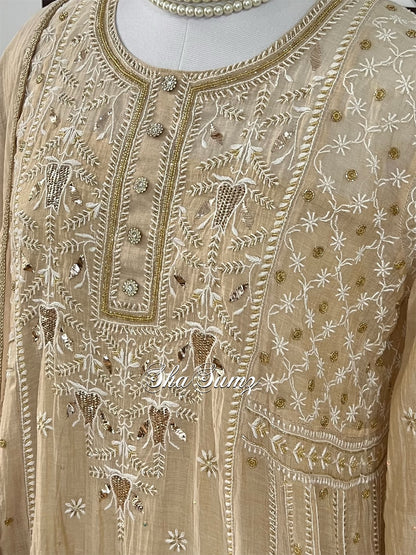 Pure Tissue Chanderi Anarkali with Chikankari & Mukaish Haath Jaali.