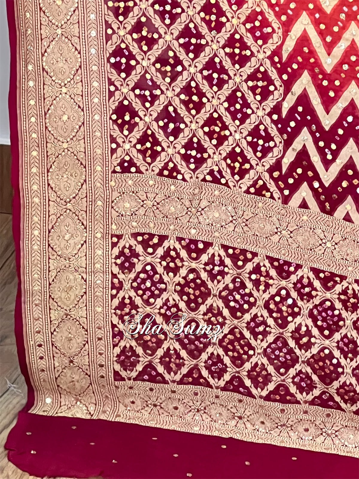 Maroon & Burnt Orange Banarsi Bandhej Pure Georgette Mukaish Dupatta