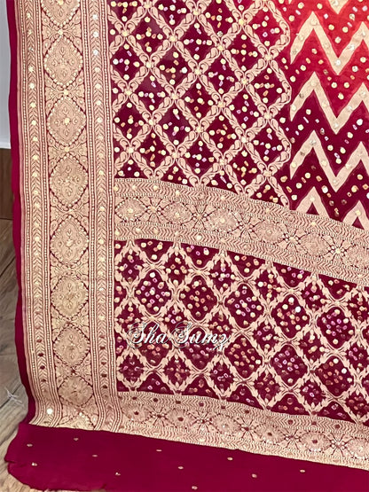 Maroon & Burnt Orange Banarsi Bandhej Pure Georgette Mukaish Dupatta