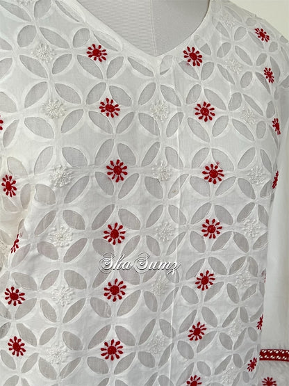 White Cotton Chikankari Cutwork Applique Kurti