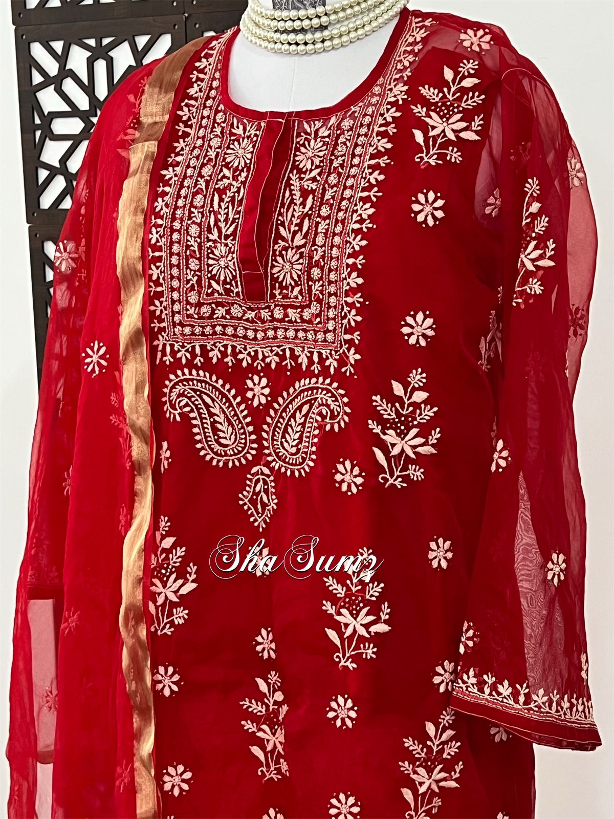 Crimson Red Organza Suit with Ivory Chikankari & Mukaish