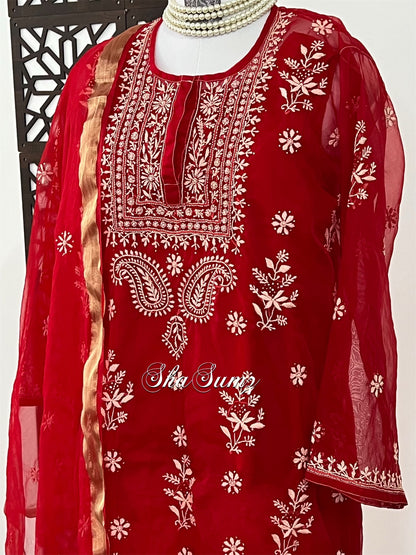 Crimson Red Organza Suit with Ivory Chikankari & Mukaish