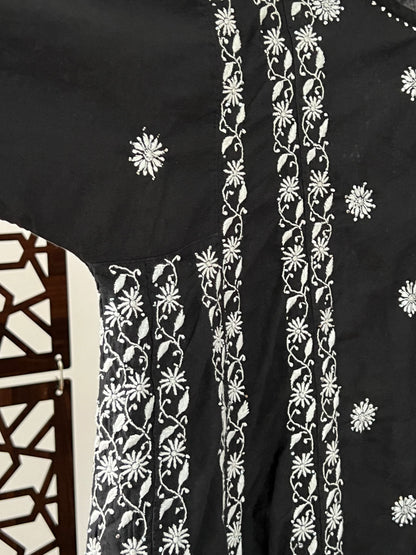 Black Cotton Kalidar with White Do Taar Chikankari & Kamdani