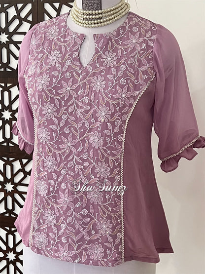 Mauve Chikankari & Embellishments Pure Georgette Shirt