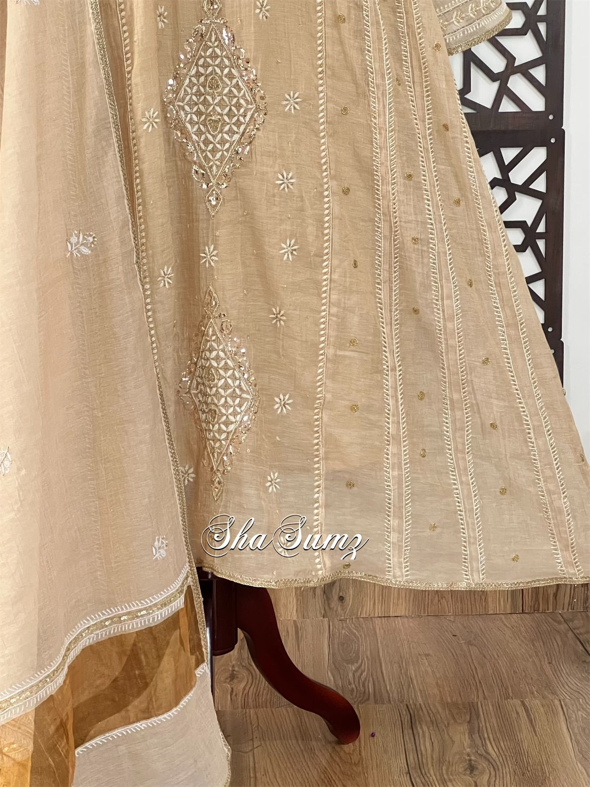 Pure Tissue Chanderi Anarkali with Chikankari & Mukaish Haath Jaali.