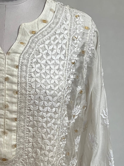 Off White Chanderi Anarkali with Chikankari