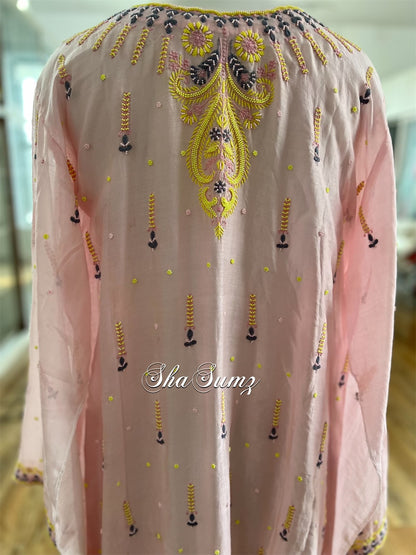 Blush Pink Chanderi Silk Kurta with Chikankari & Pearls