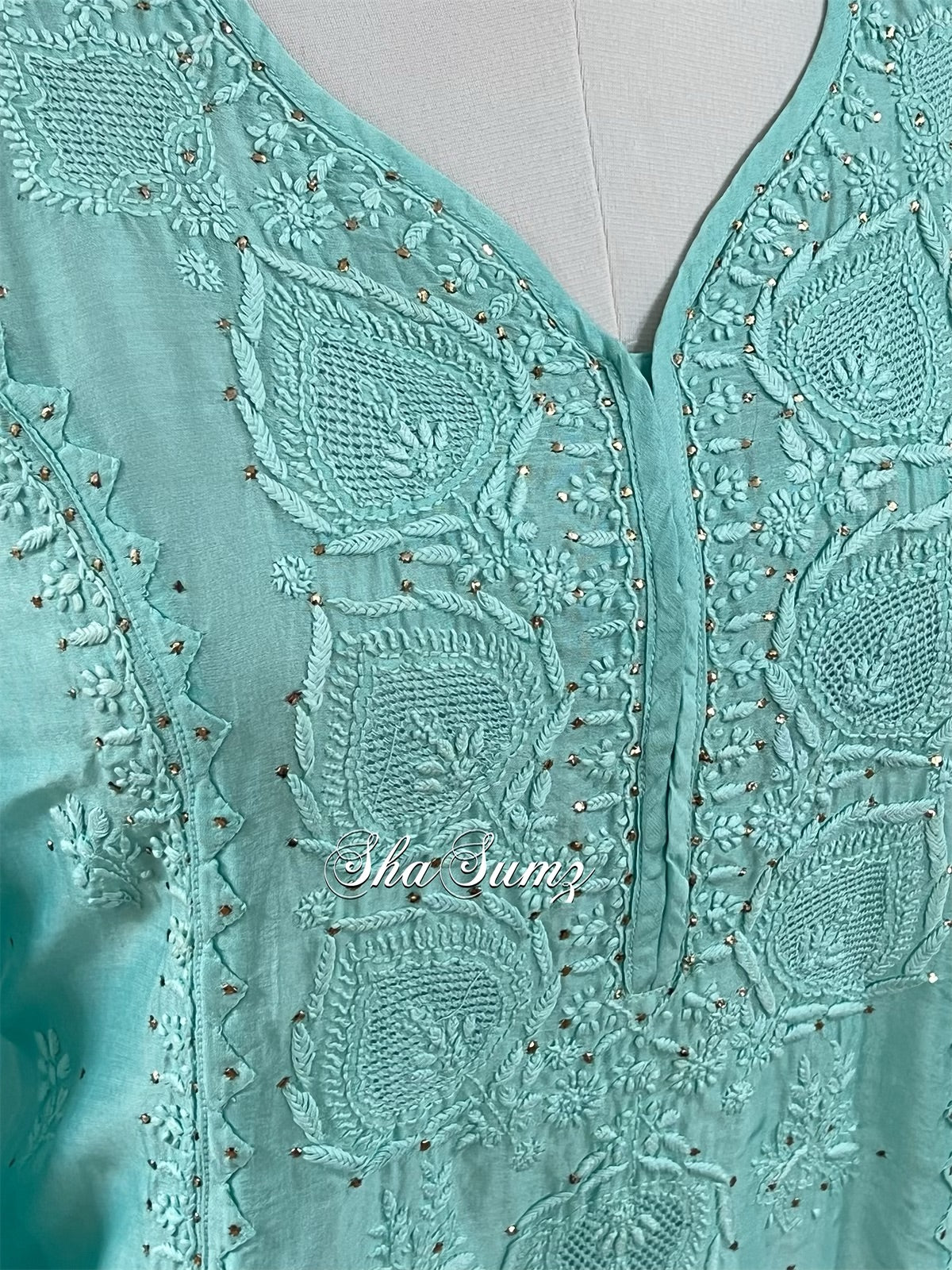 Aqua Green Chanderi Chikankari and Kamdani Kurti