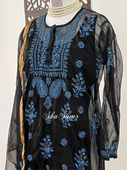 Black Organza Suit with Blue Chikankari & Mukaish