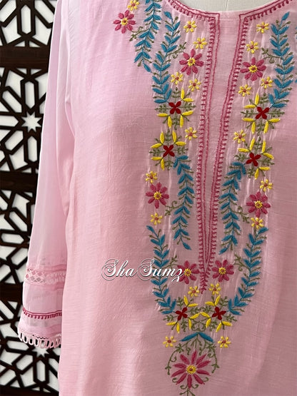 Baby Pink Cotton Kurti with Multi colour Chikankari