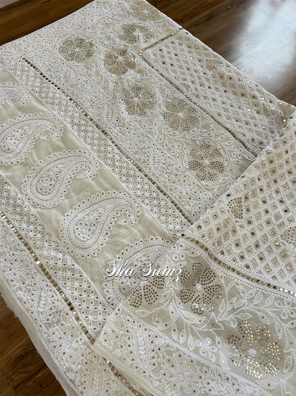 Cream Pure Georgette Dupatta with Chikankari & Mukaish