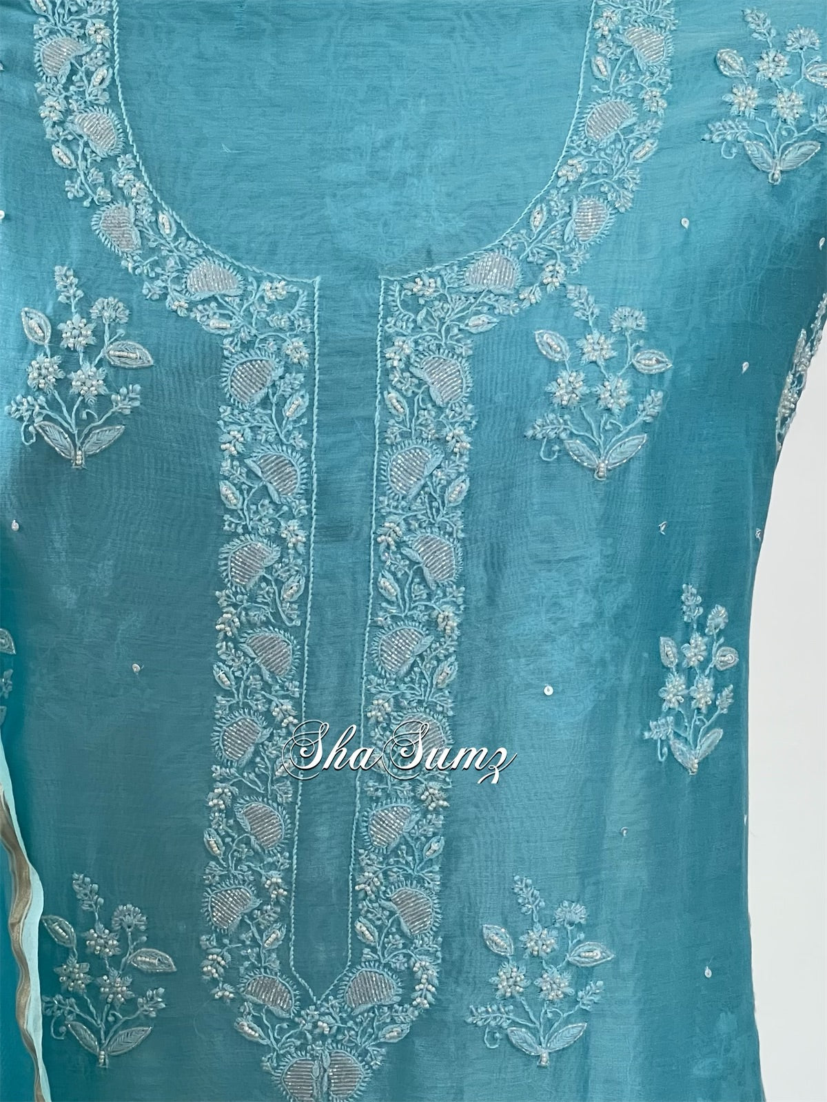 Sky Blue Chanderi Silk Suit with Embellishments