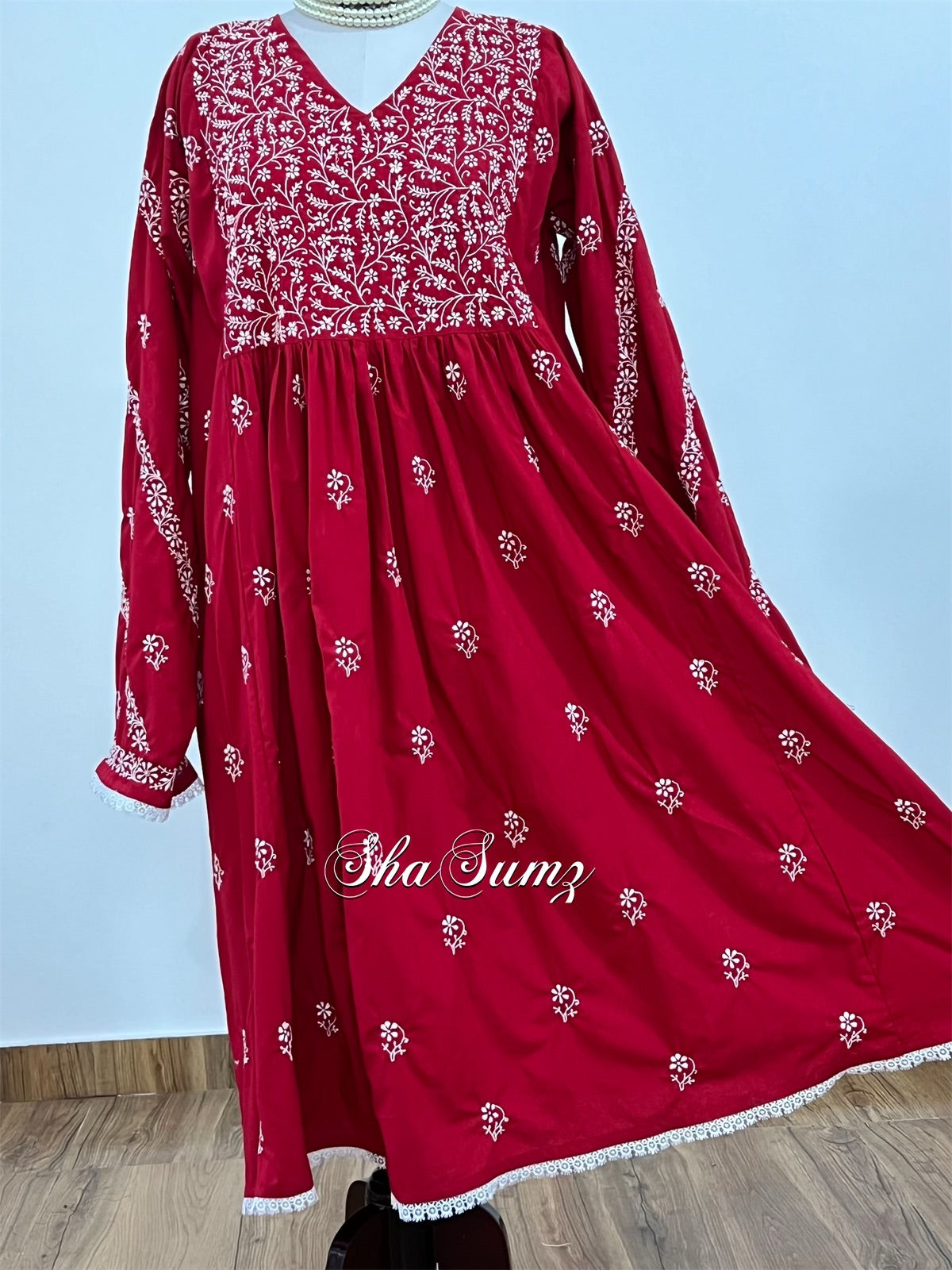 Scarlet Red Cotton Chikankari Kalidar Kurti