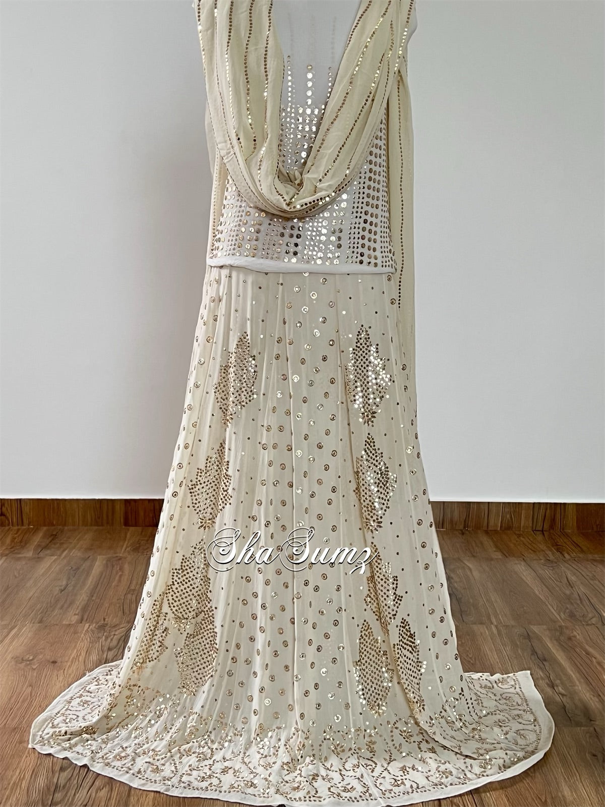 Off White Mukaish Pure Georgette Lehanga Set