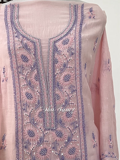 Ombré Pink & Purple Mul Chanderi Suit with Chikankari & Embellishments