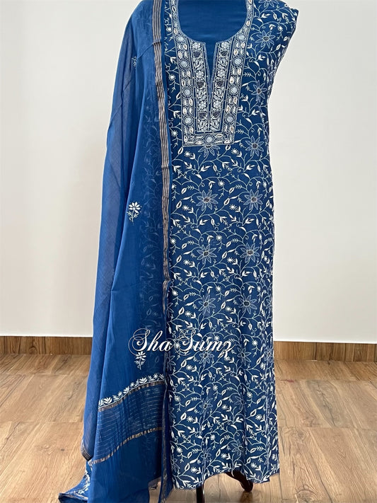 Peacock Blue Chikankari & Mukaish Mul Chanderi Suit