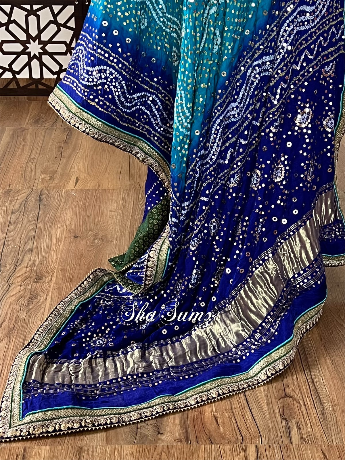 Royal Blue Gaji Silk Bandhej Dupatta with Mukaish