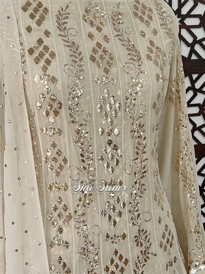 Gold Ivory Anarkali with Badla Mukaish