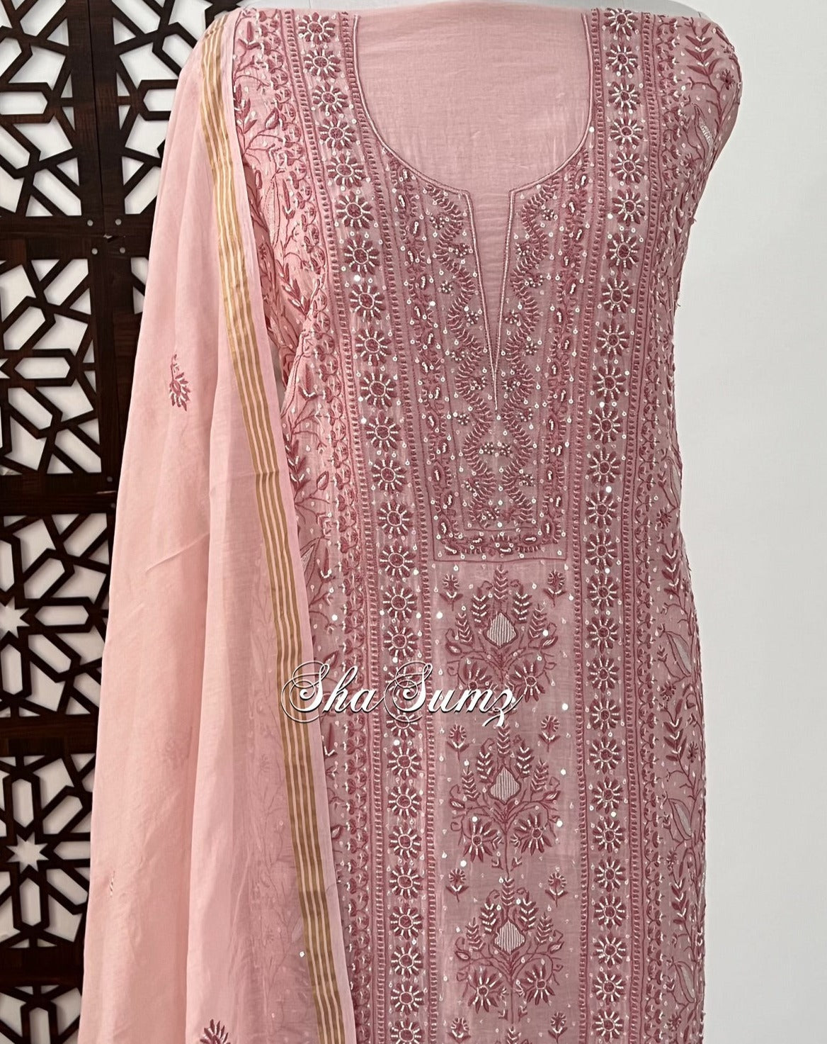 Dusty Rose Pink Mul Chanderi Suit with Chikankari & EmBellishments