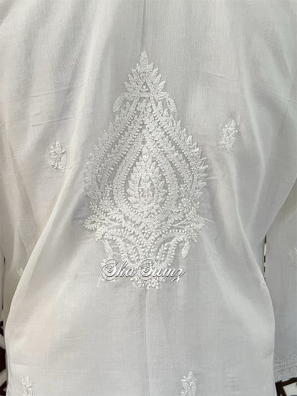 White Cotton Long Jacket with Chikankari