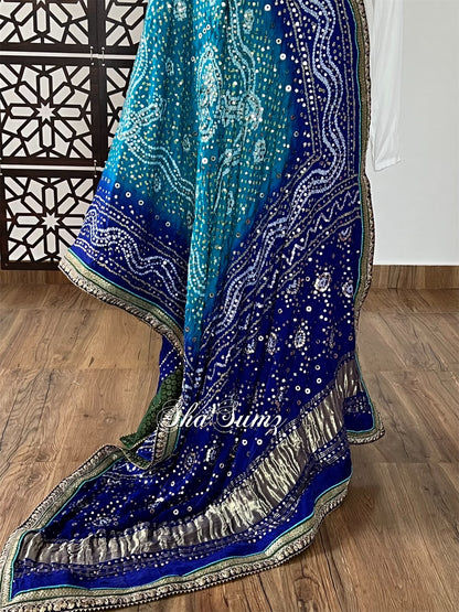 Royal Blue Gaji Silk Bandhej Dupatta with Mukaish