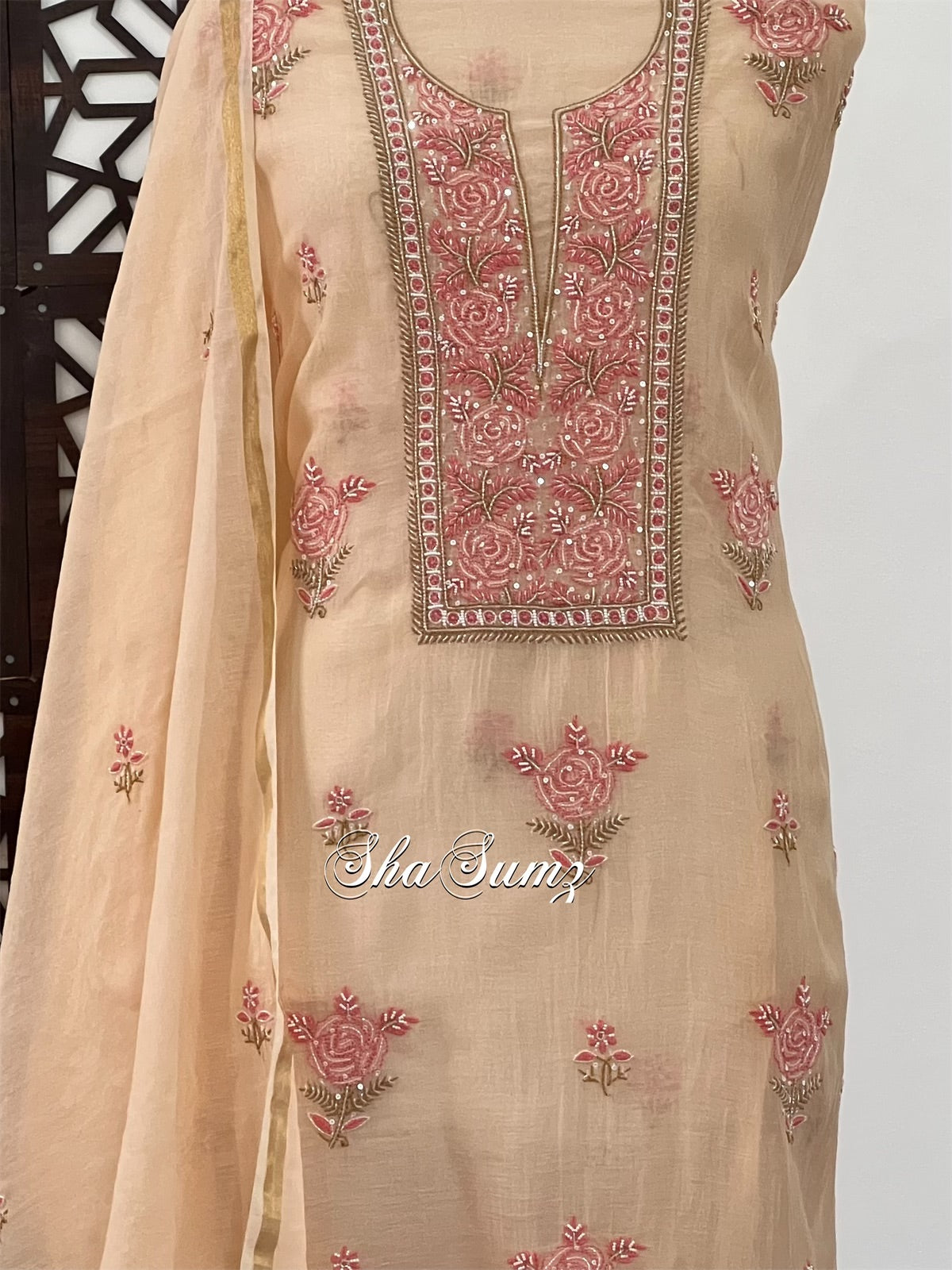 Beige Mul Chanderi Suit with Chikankari & Embellishments