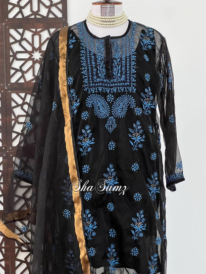 Black Organza Suit with Blue Chikankari & Mukaish