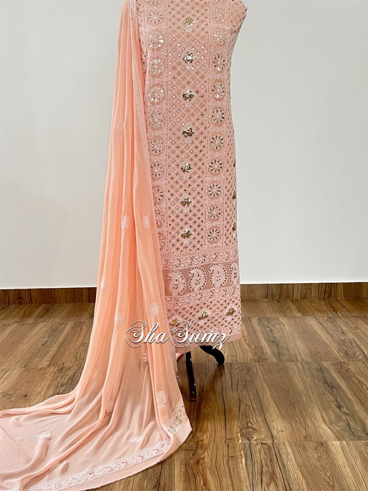 Peach Chikankari & Mukaish Suit