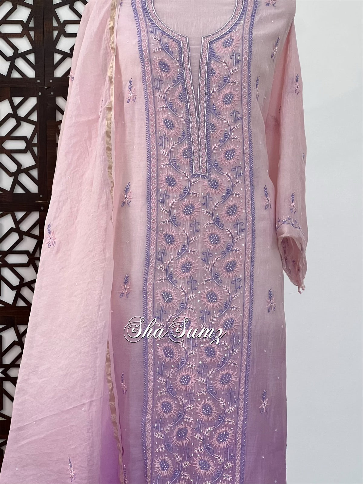 Ombré Pink & Purple Mul Chanderi Suit with Chikankari & Embellishments