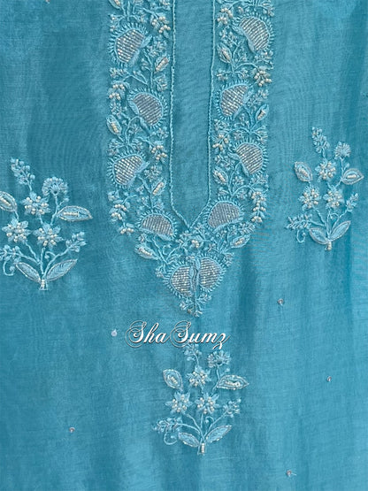 Sky Blue Chanderi Silk Suit with Embellishments