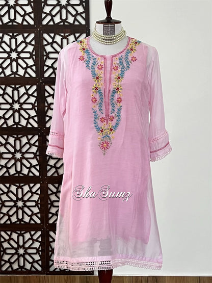 Baby Pink Cotton Kurti with Multi colour Chikankari