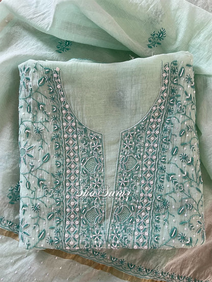 Sea green Mul Chanderi Chikaankari Suit