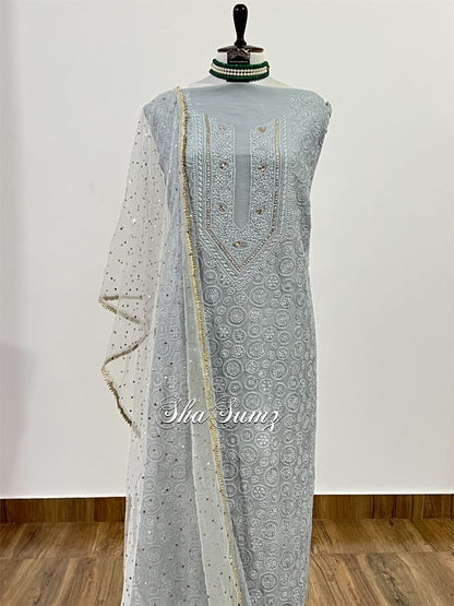 Silver Grey Chikankari & Mukaish Chanderi Suit